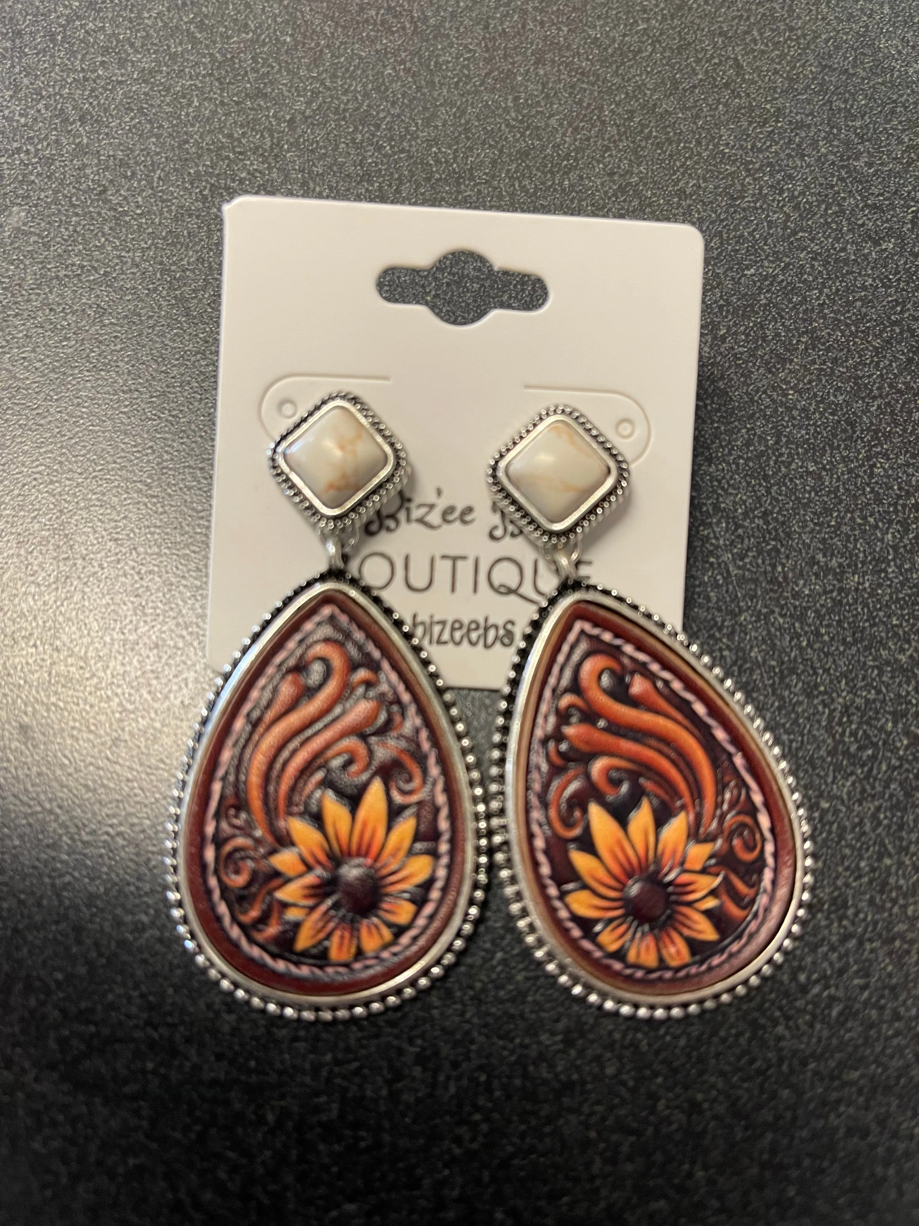 Tooled Leather Sunflower Stone Earrings