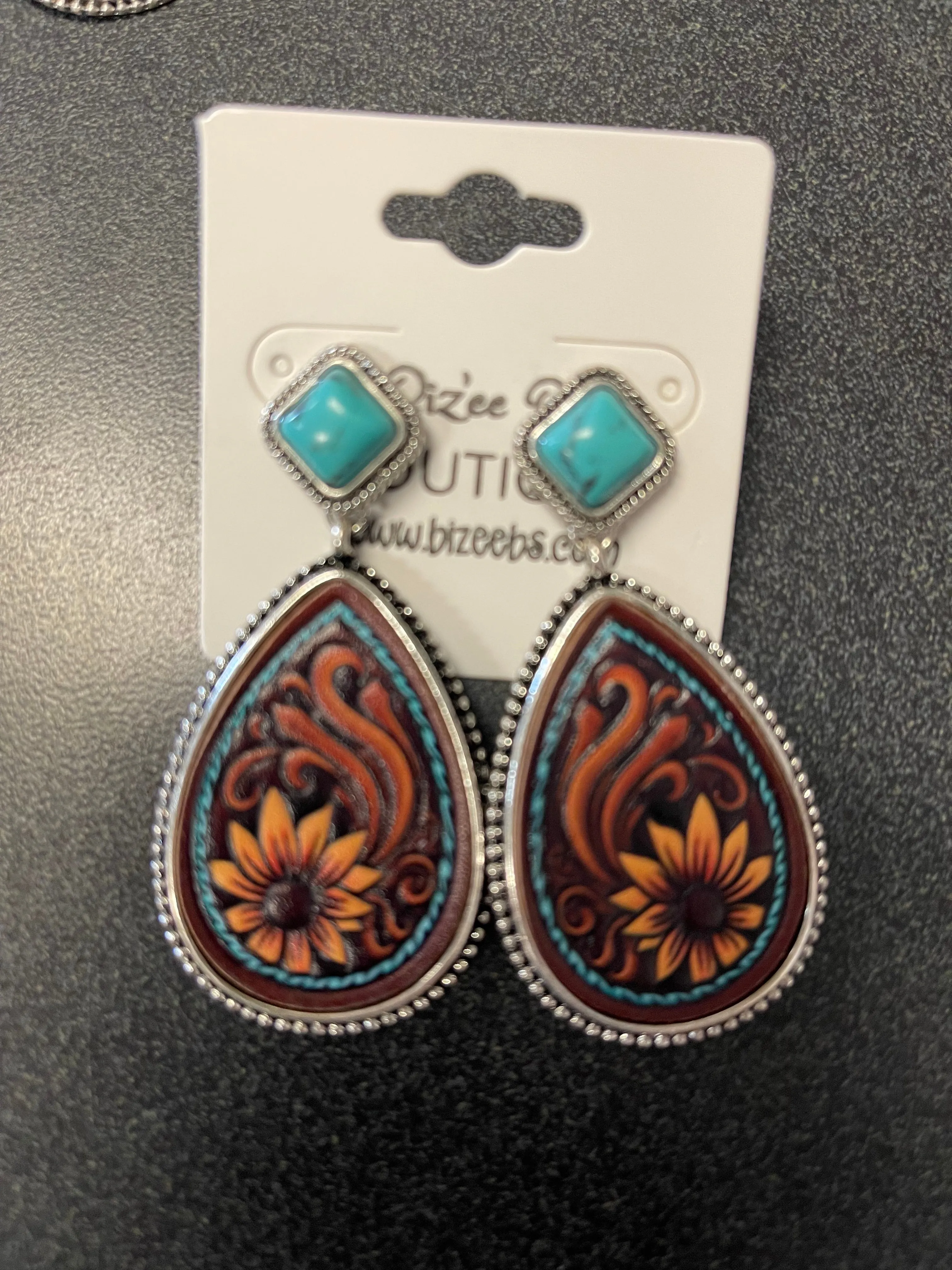 Tooled Leather Sunflower Stone Earrings