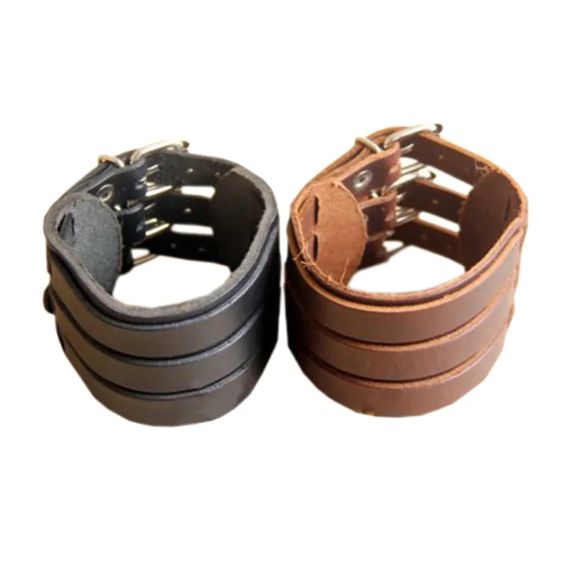 Tri Band Heavy Metal Leather Bracelet