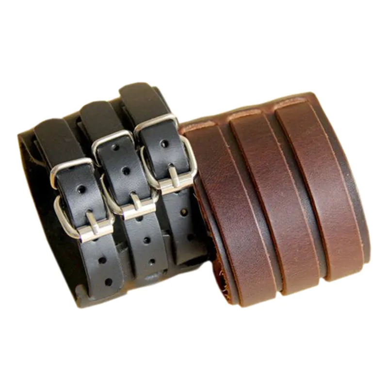 Tri Band Heavy Metal Leather Bracelet