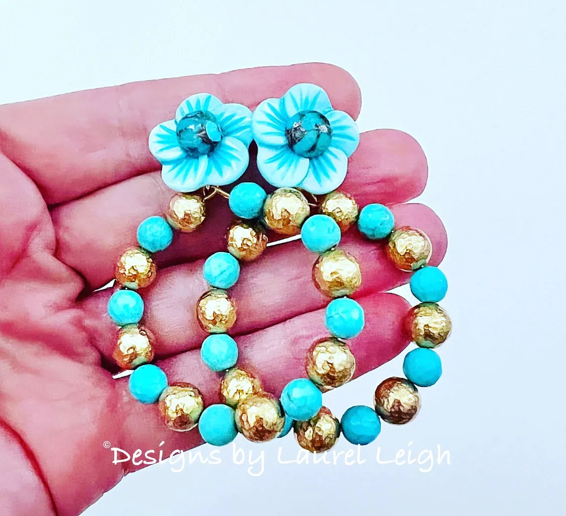 Turquoise & Gold Floral Hoops