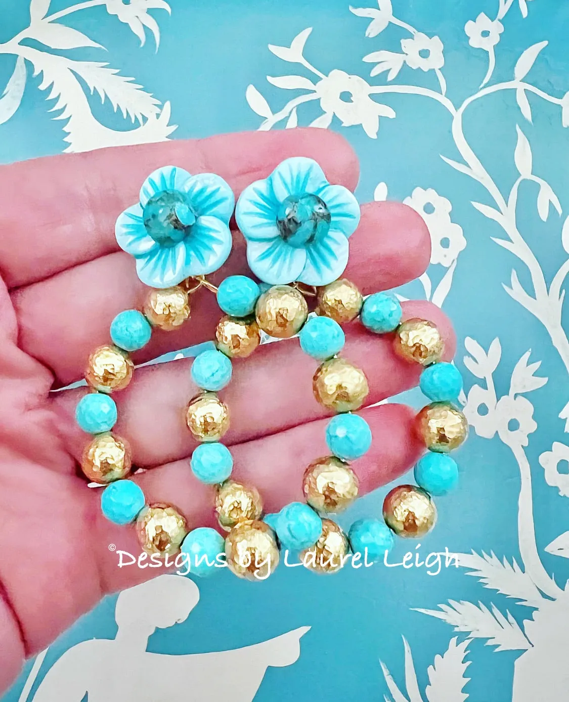 Turquoise & Gold Floral Hoops