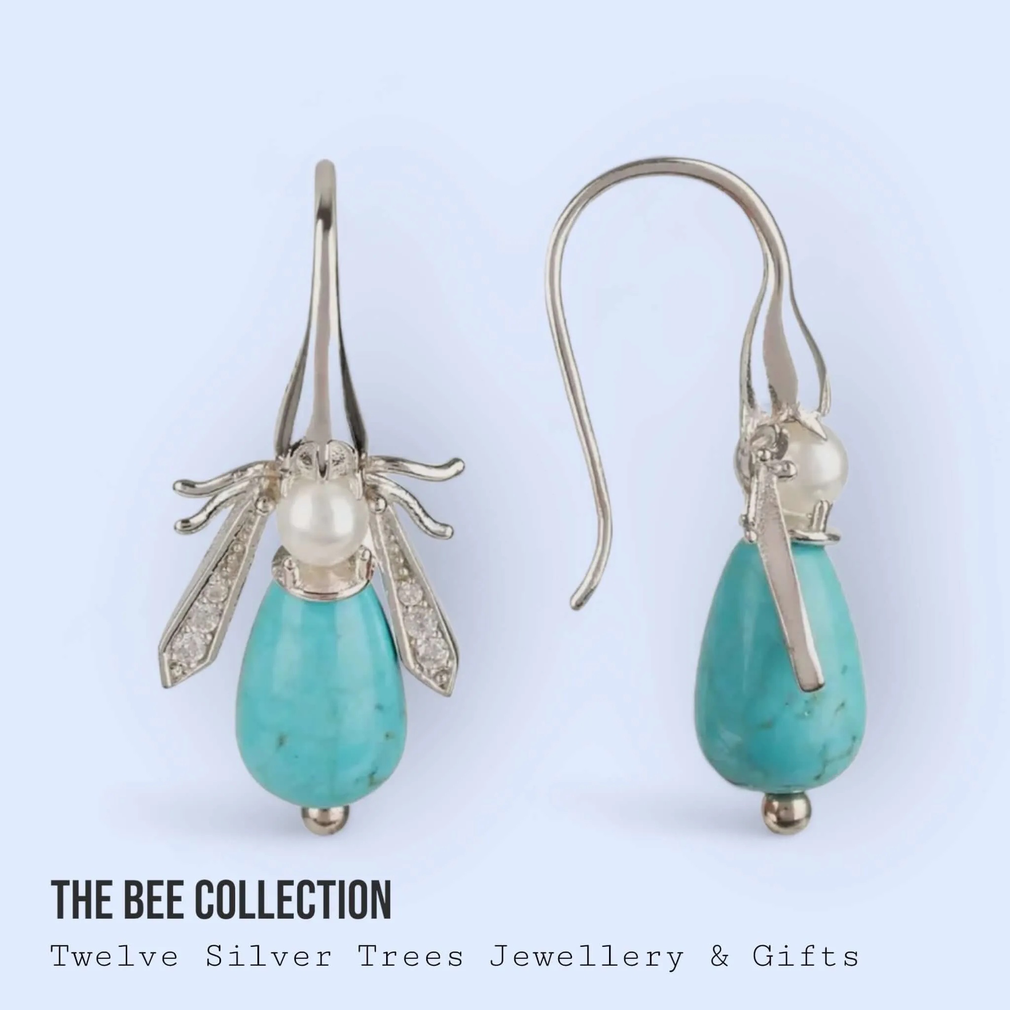 Turquoise And Freshwater Pearl Honey Bee Earrings Silver