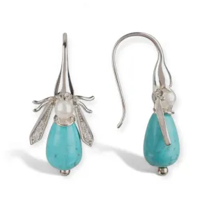 Turquoise And Freshwater Pearl Honey Bee Earrings Silver