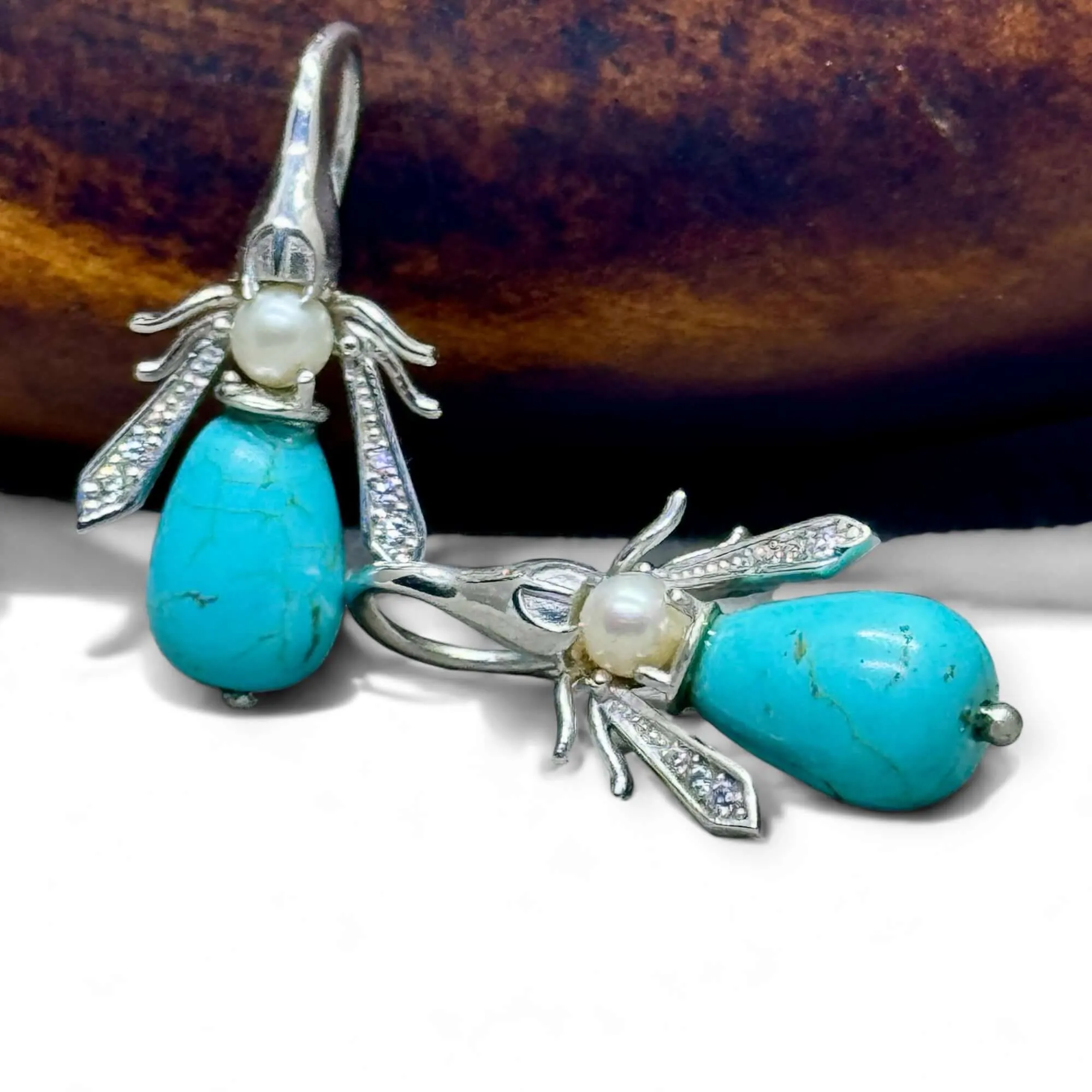 Turquoise And Freshwater Pearl Honey Bee Earrings Silver