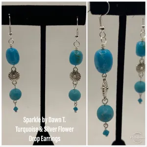 Turquoise and Silver Flower Drop Earrings