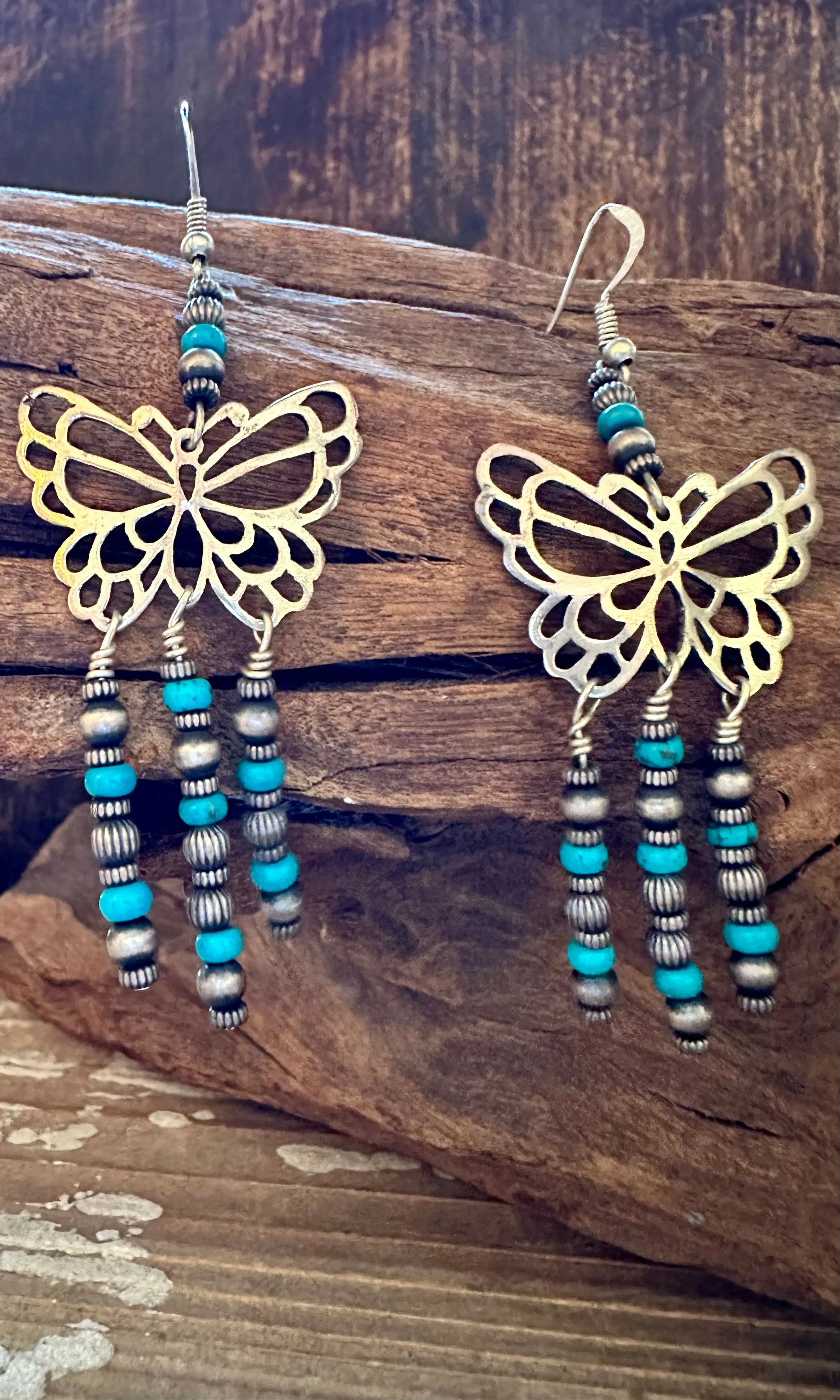 TURQUOISE BEADED BUTTERFLIES Sterling Silver Dangle Earrings