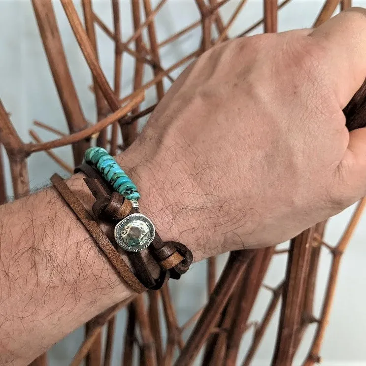 Turquoise Leather Wrap Button Bracelet - Men's/Unisex