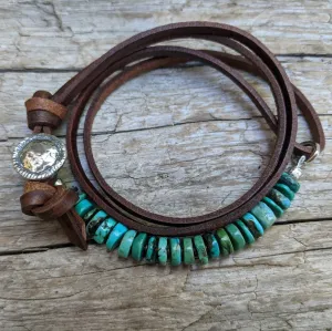 Turquoise Leather Wrap Button Bracelet - Men's/Unisex