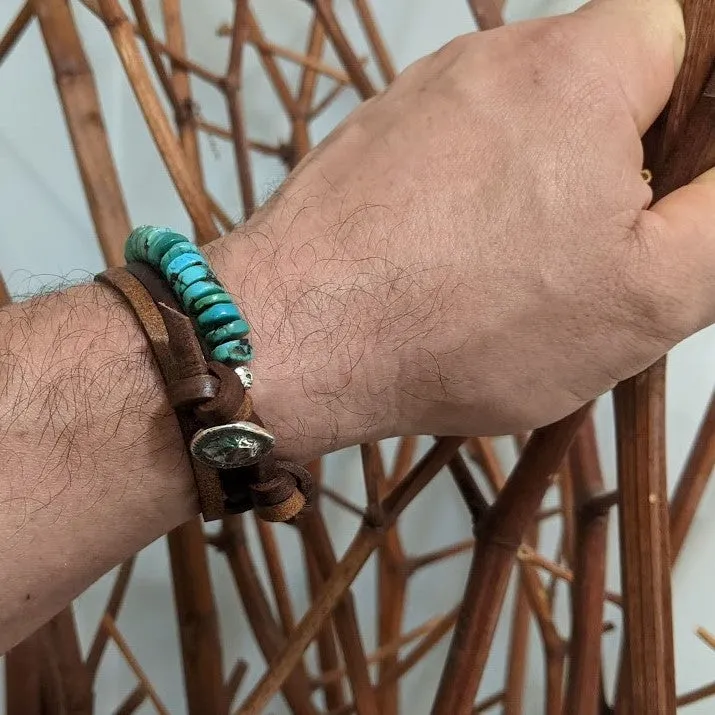 Turquoise Leather Wrap Button Bracelet - Men's/Unisex