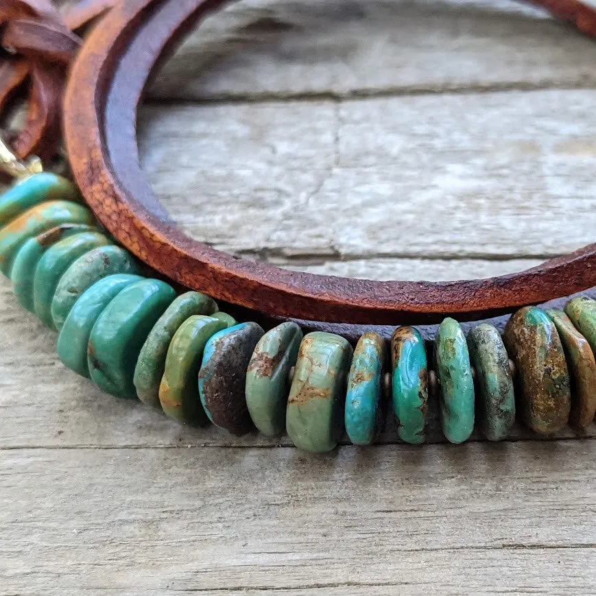 Turquoise Leather Wrap Gold Bronze Button Bracelet - Men's/Unisex