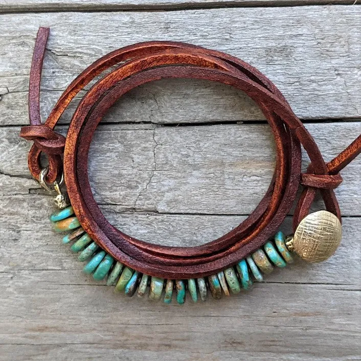 Turquoise Leather Wrap Gold Bronze Button Bracelet - Men's/Unisex