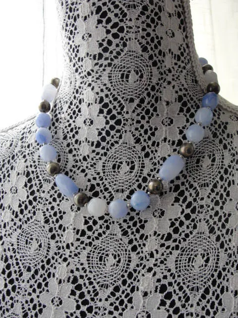 Vintage 1960s Blue Opal-like and Silver Beaded Necklace