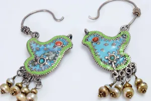 Vintage Afghani Uzbek Style Silver and Enamel Bird Earrings with turquoise and coral