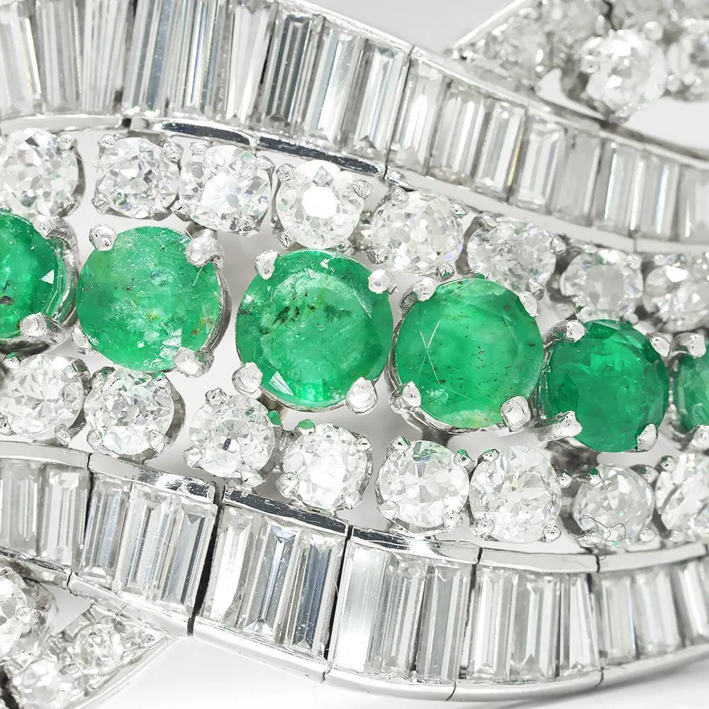 Vintage Emerald Ribbon Bracelet with Diamonds in Platinum