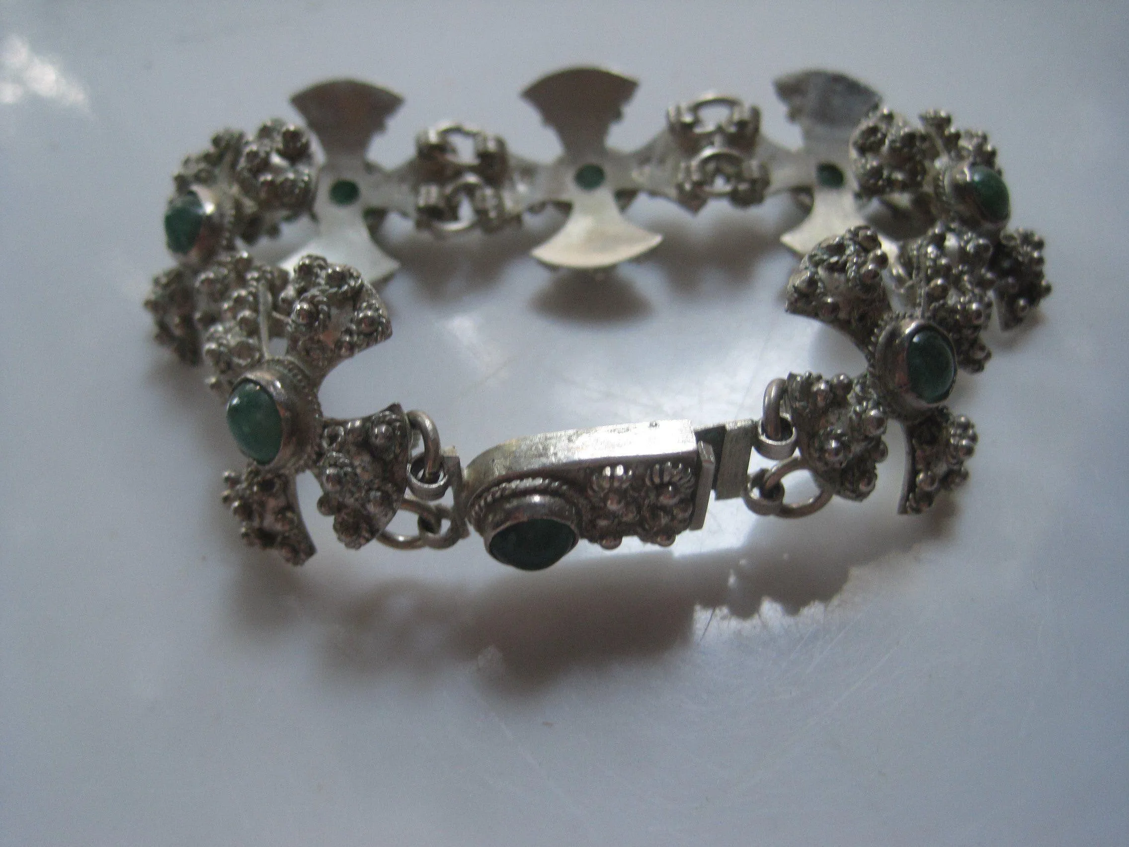 Vintage Middle East Jerusalem Cross Silver and Green Stone Bracelet