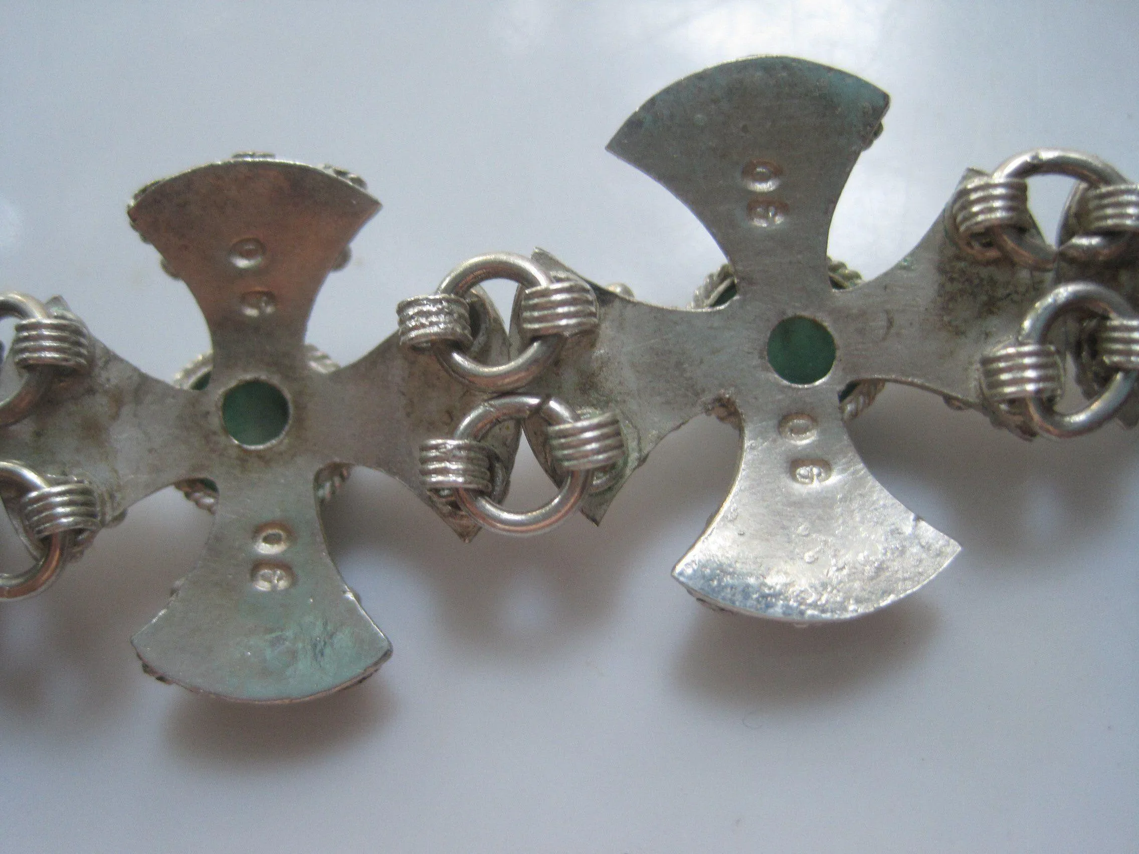 Vintage Middle East Jerusalem Cross Silver and Green Stone Bracelet