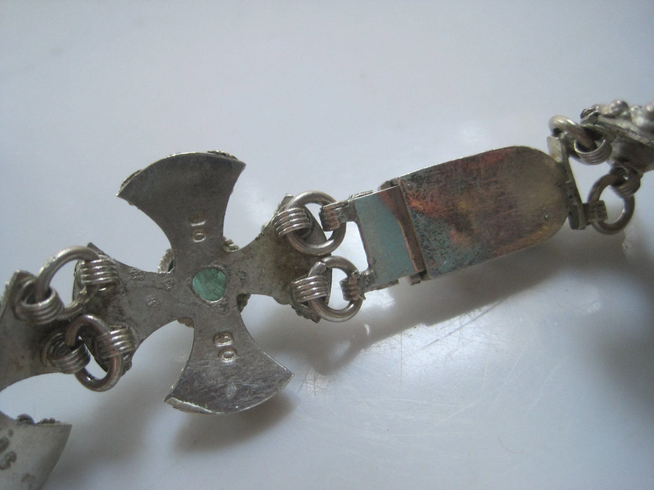 Vintage Middle East Jerusalem Cross Silver and Green Stone Bracelet