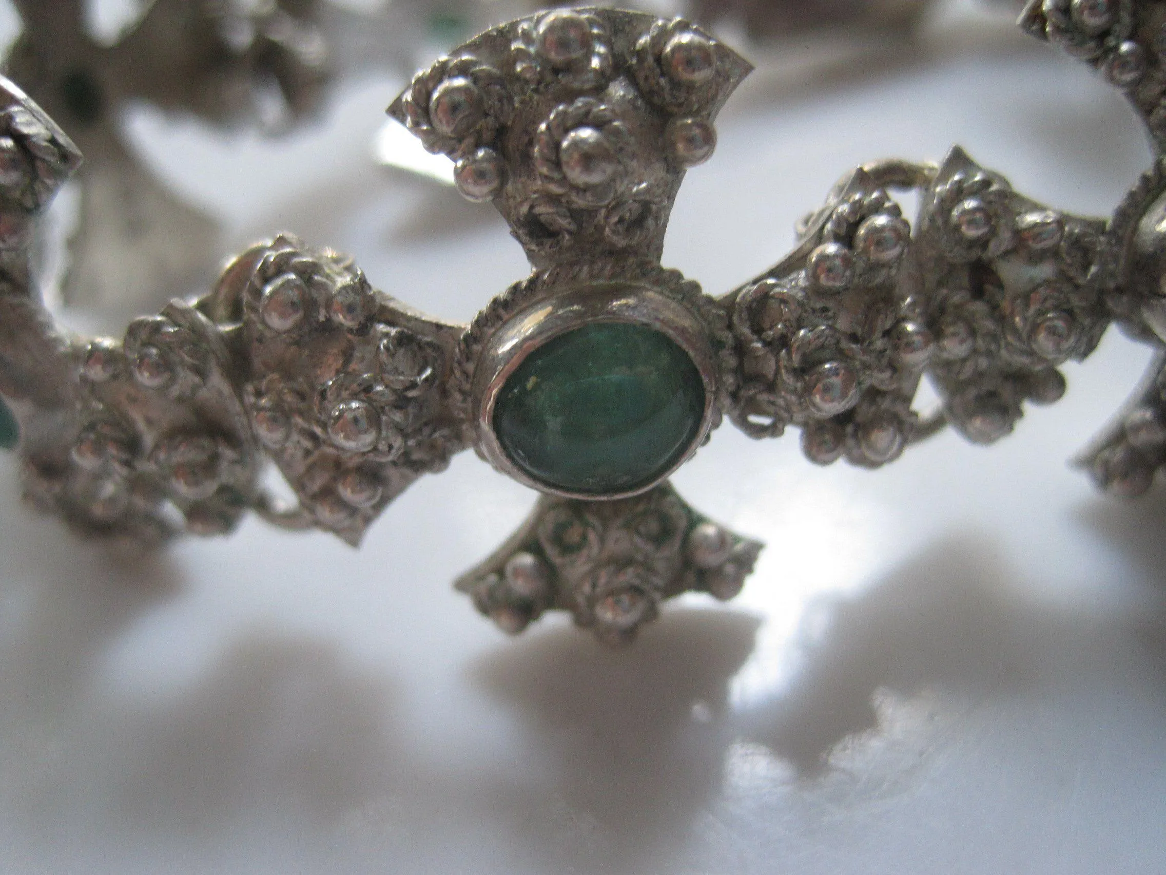 Vintage Middle East Jerusalem Cross Silver and Green Stone Bracelet