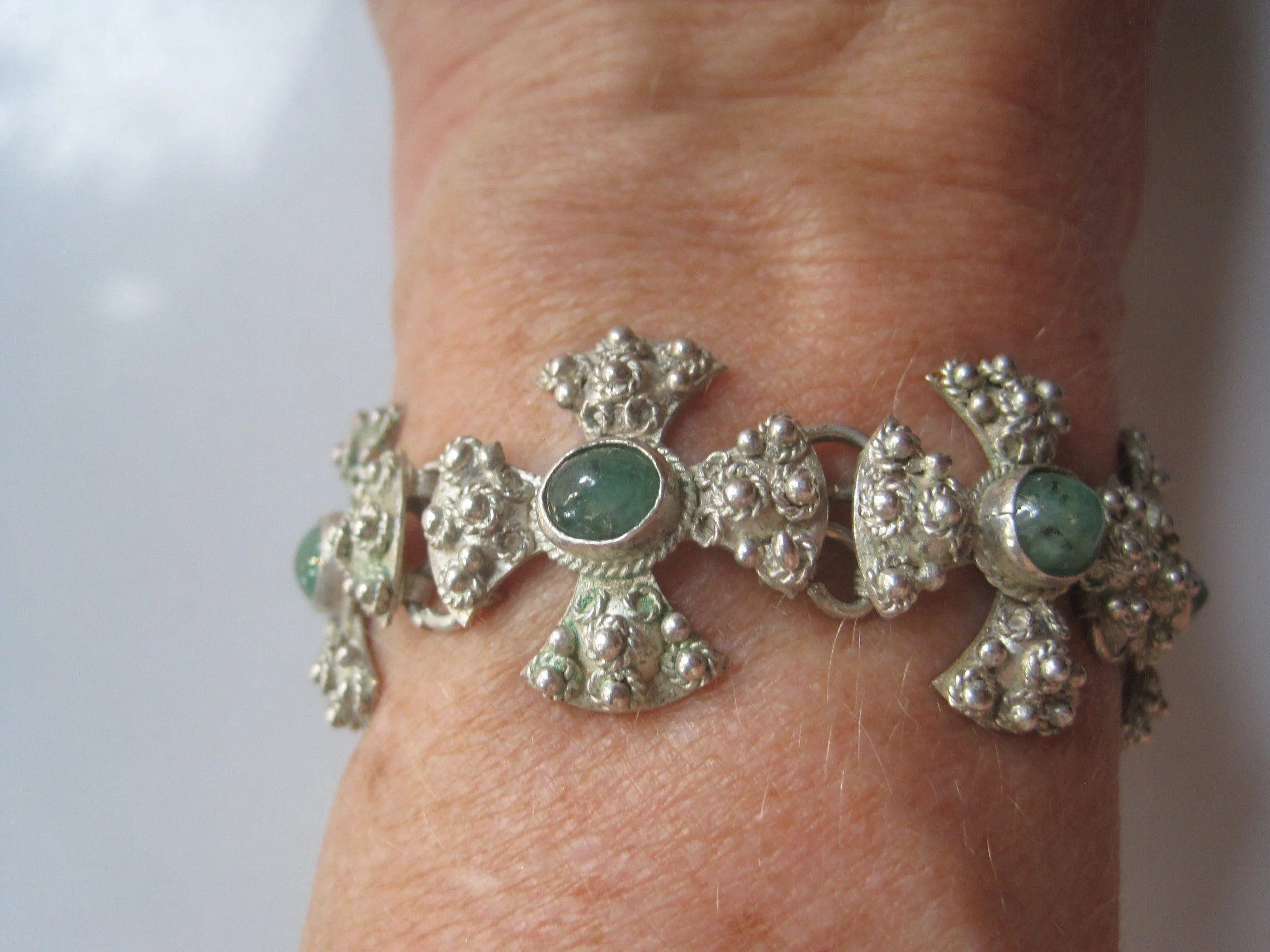 Vintage Middle East Jerusalem Cross Silver and Green Stone Bracelet