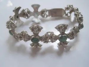 Vintage Middle East Jerusalem Cross Silver and Green Stone Bracelet