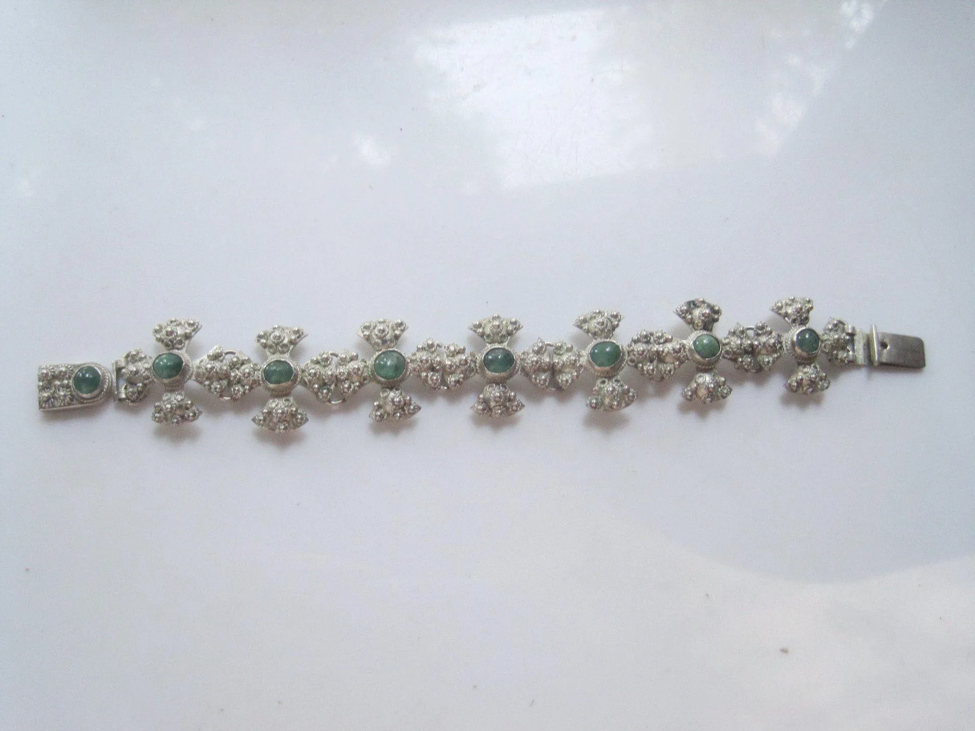 Vintage Middle East Jerusalem Cross Silver and Green Stone Bracelet