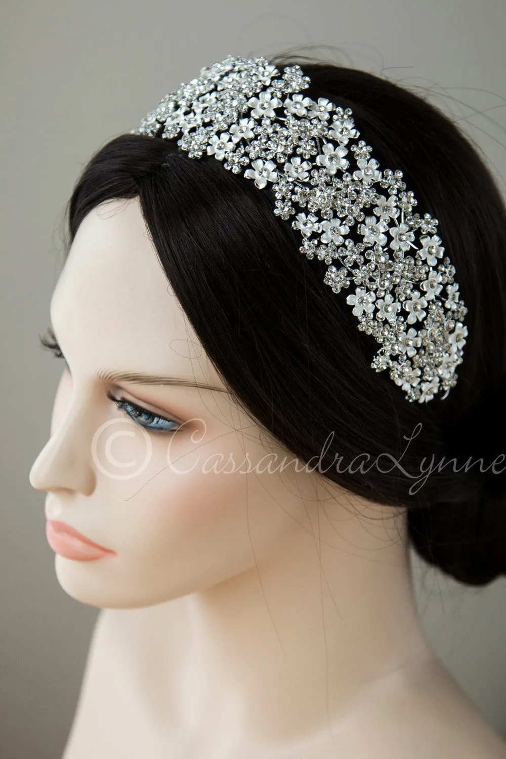 Wide Wedding Headpiece of Frosted Flowers