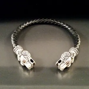 Wolf Torc Bracelet Silver Black Leather