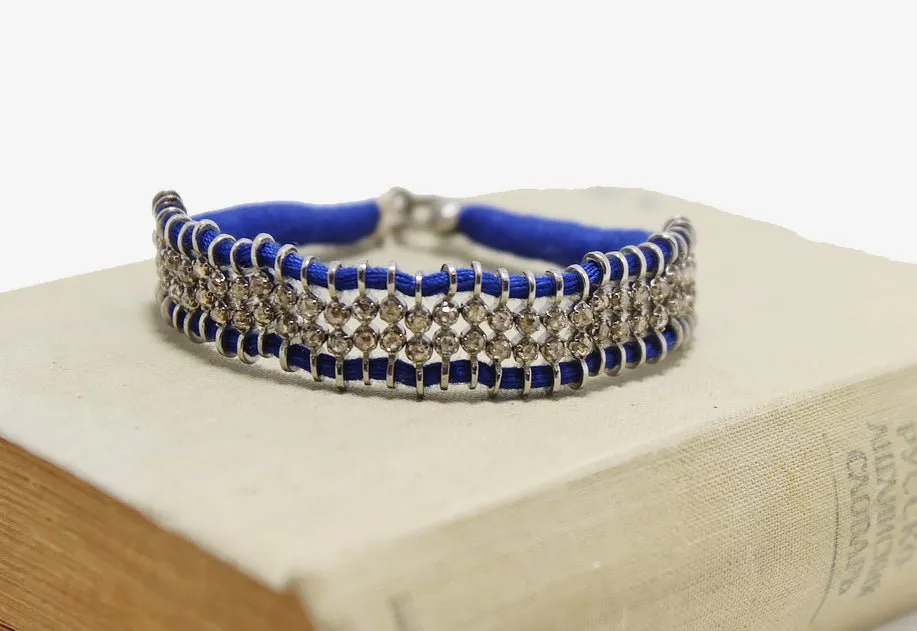 Woven Blue Silk   Diamond Bracelet