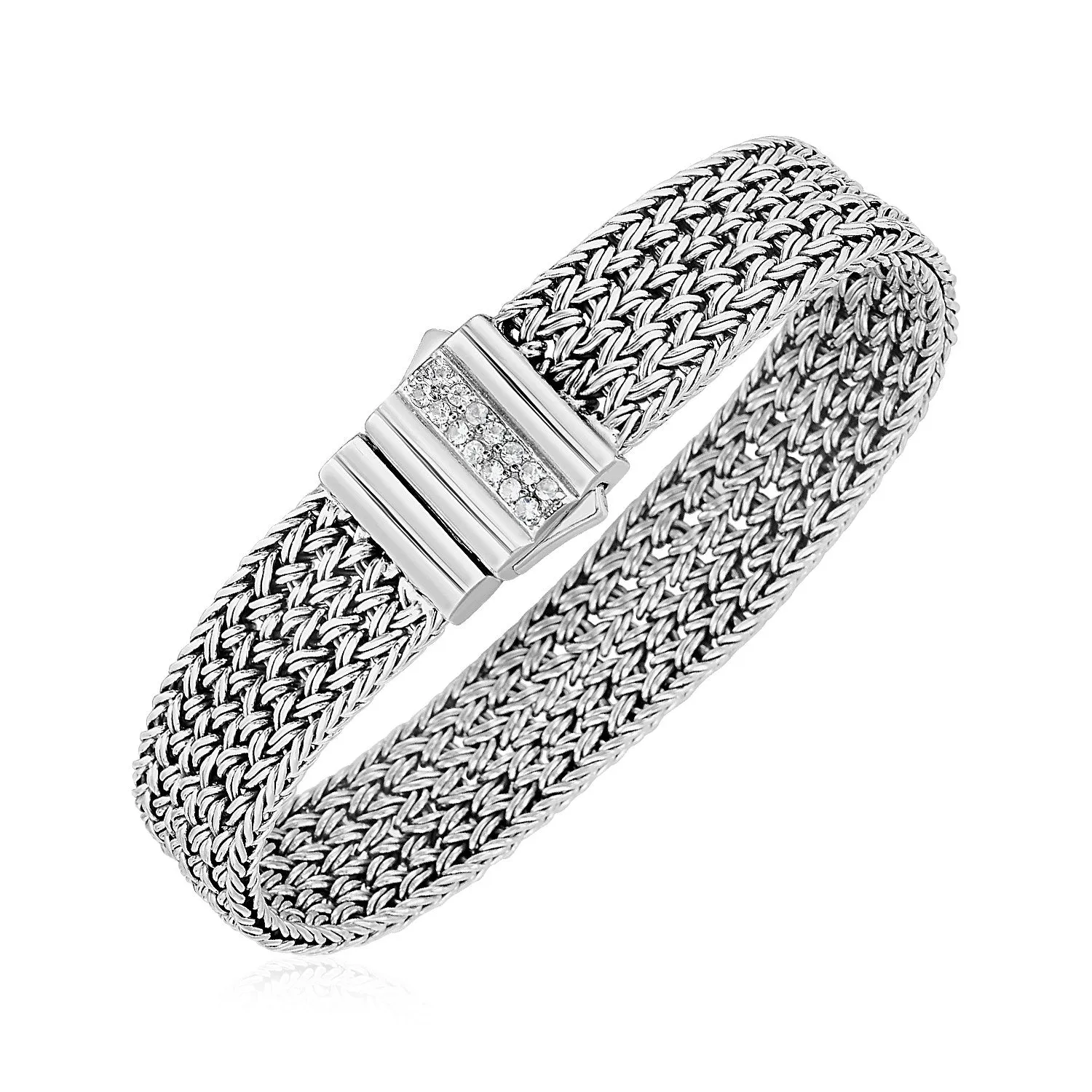 Woven Rope Bracelet White Sapphire Accented Clasp in Sterling Silver