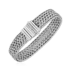 Woven Rope Bracelet White Sapphire Accented Clasp in Sterling Silver