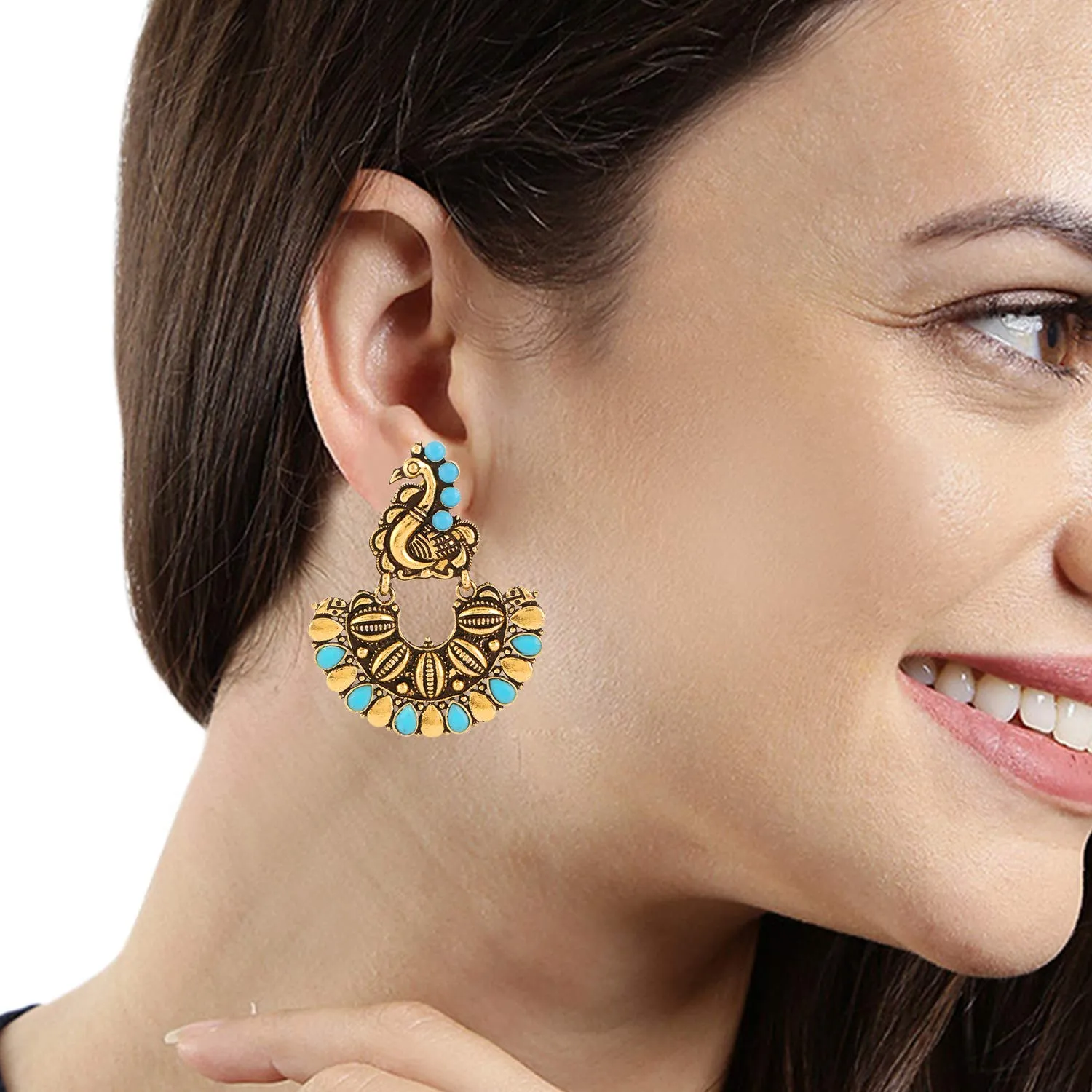 Yellow Chimes Turquoise Elegant Peacock Shaped Oxidised Golden Traditional Chandbali Earrings for Women and Girls