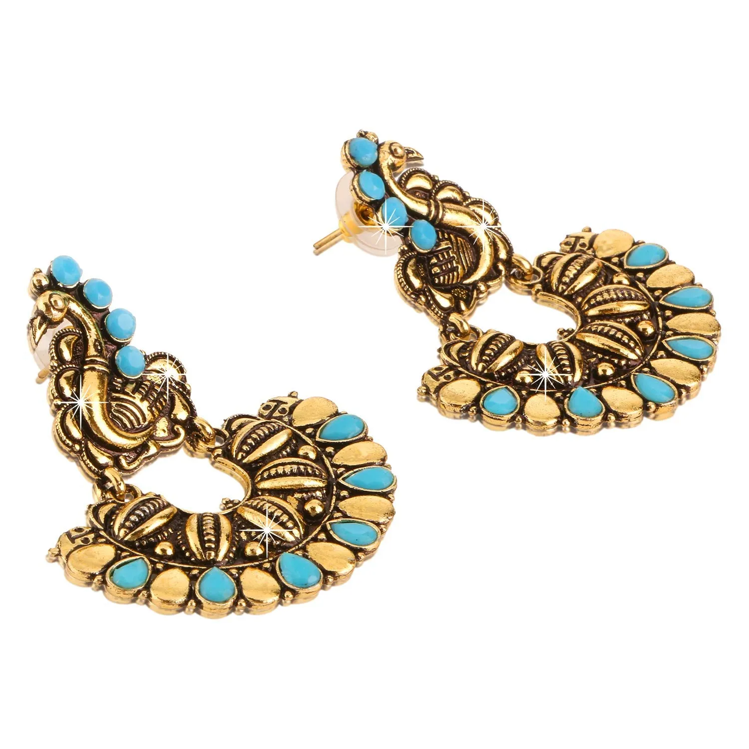 Yellow Chimes Turquoise Elegant Peacock Shaped Oxidised Golden Traditional Chandbali Earrings for Women and Girls