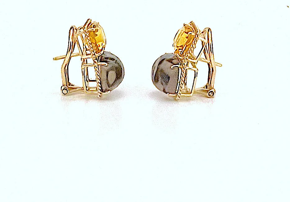 Yellow Gold Double Cushion Earrings with Pink Topaz and Orange Citrine