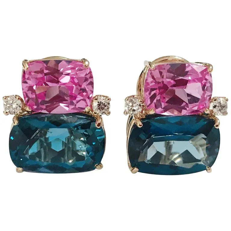 Yellow Gold Double Cushion Earrings with Pink Topaz and Orange Citrine