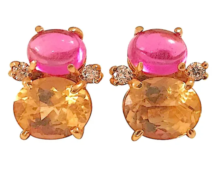 Yellow Gold Double Cushion Earrings with Pink Topaz and Orange Citrine