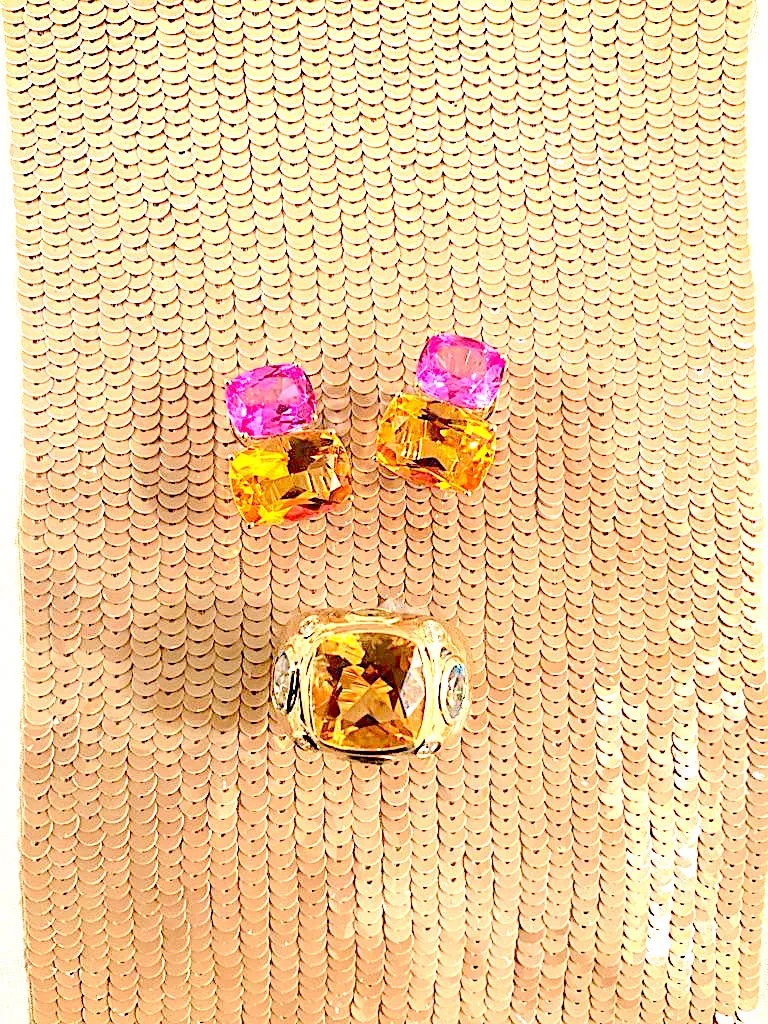 Yellow Gold Double Cushion Earrings with Pink Topaz and Orange Citrine