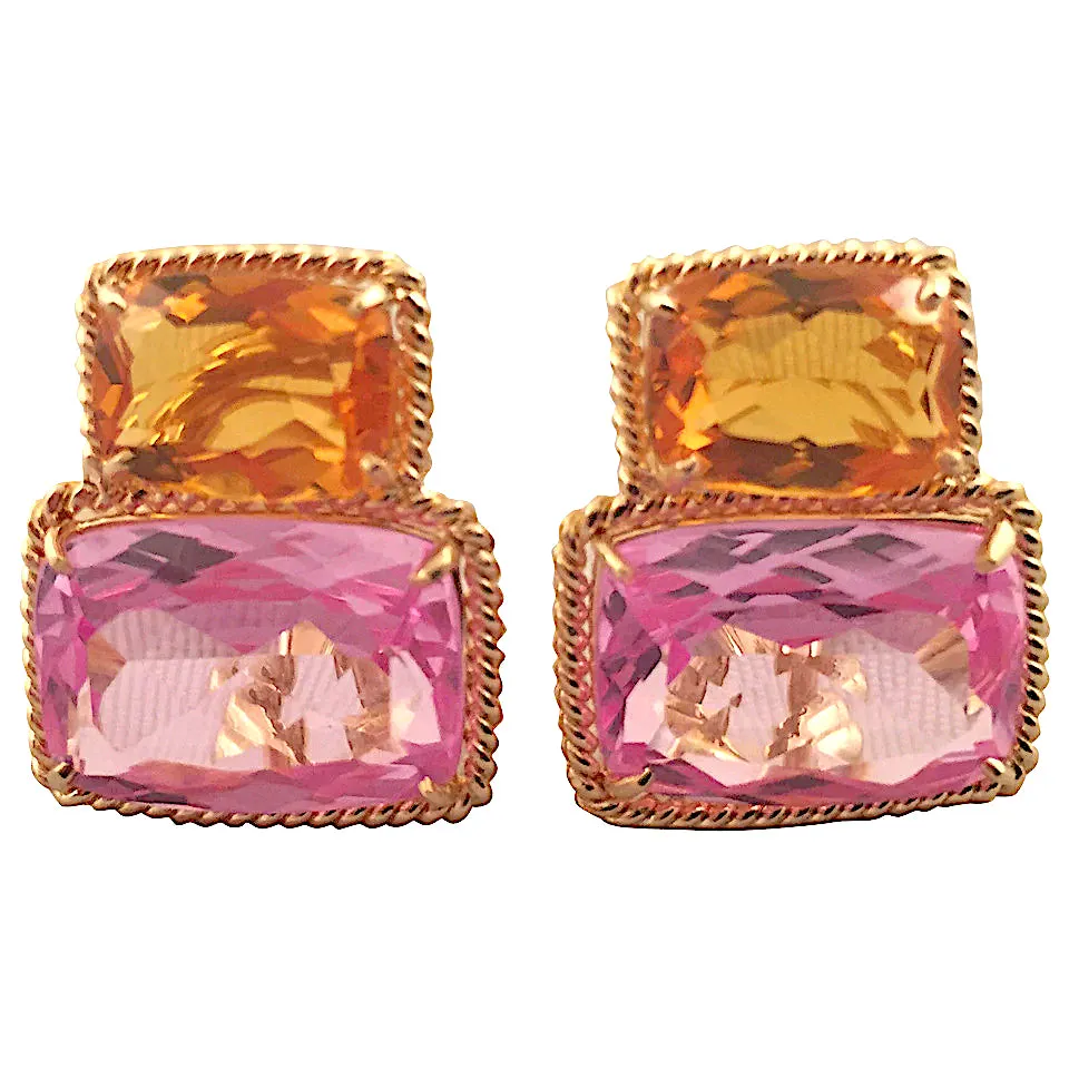 Yellow Gold Double Cushion Earrings with Pink Topaz and Orange Citrine