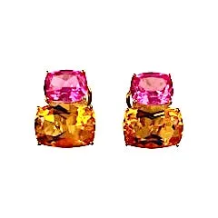 Yellow Gold Double Cushion Earrings with Pink Topaz and Orange Citrine