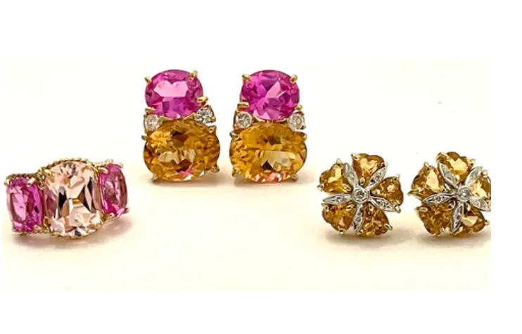 Yellow Gold Double Cushion Earrings with Pink Topaz and Orange Citrine