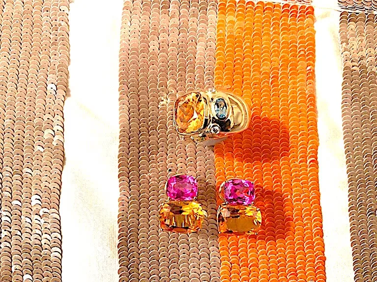 Yellow Gold Double Cushion Earrings with Pink Topaz and Orange Citrine