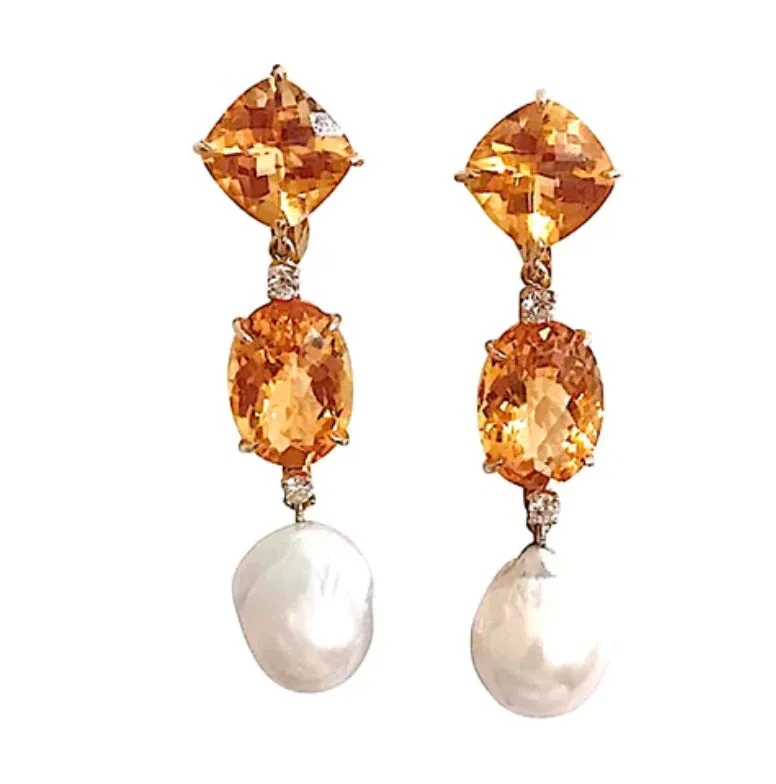 Yellow Gold Double Cushion Earrings with Pink Topaz and Orange Citrine